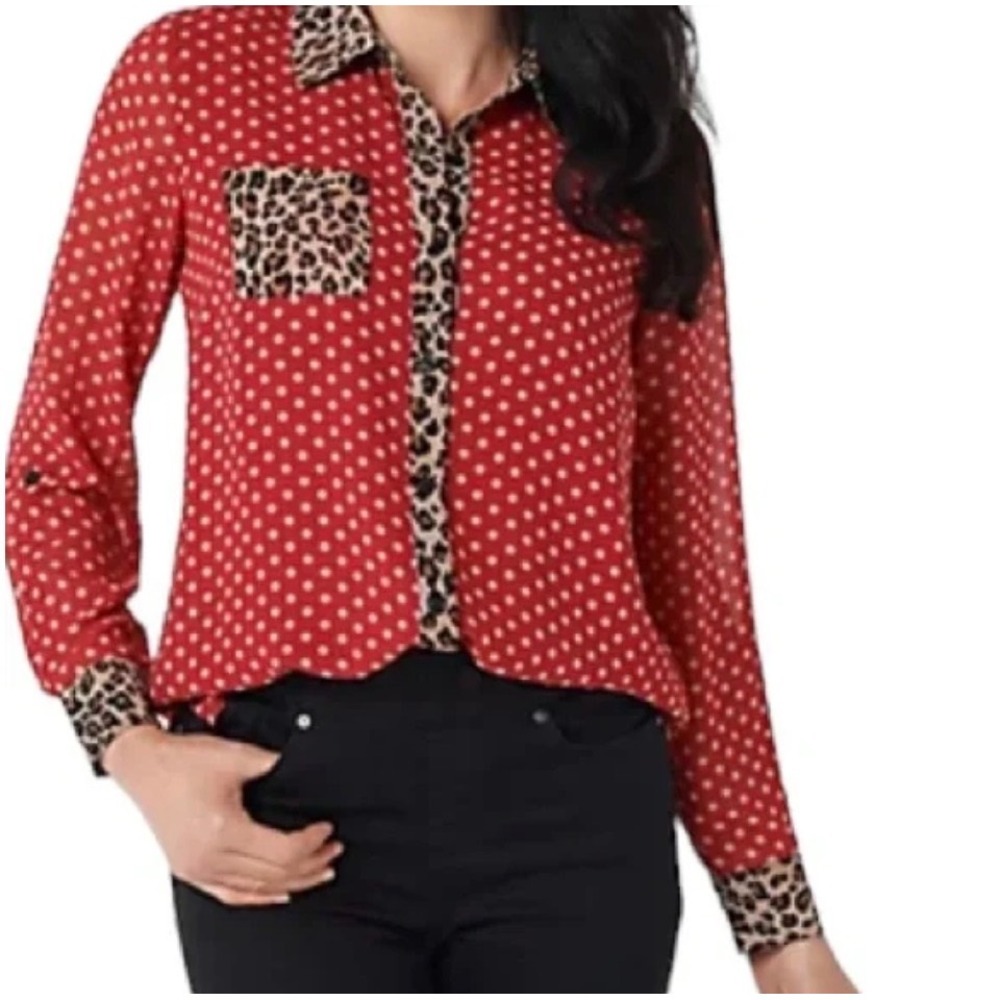 Belle by Kim Gravel Red Polka Dot Blouse with Leopard Trim
